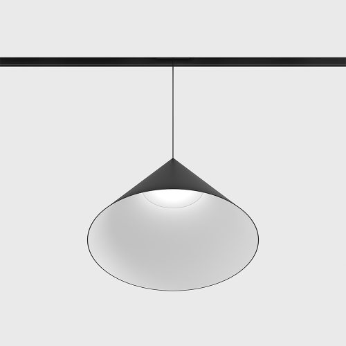 Suspended luminaire IN_LINE CONE, D320mm, H210mm, Bridgelux LED 12W, 3000K, 48V, CRI>90, 2 wired, ON/OFF, IP20, opal/black color